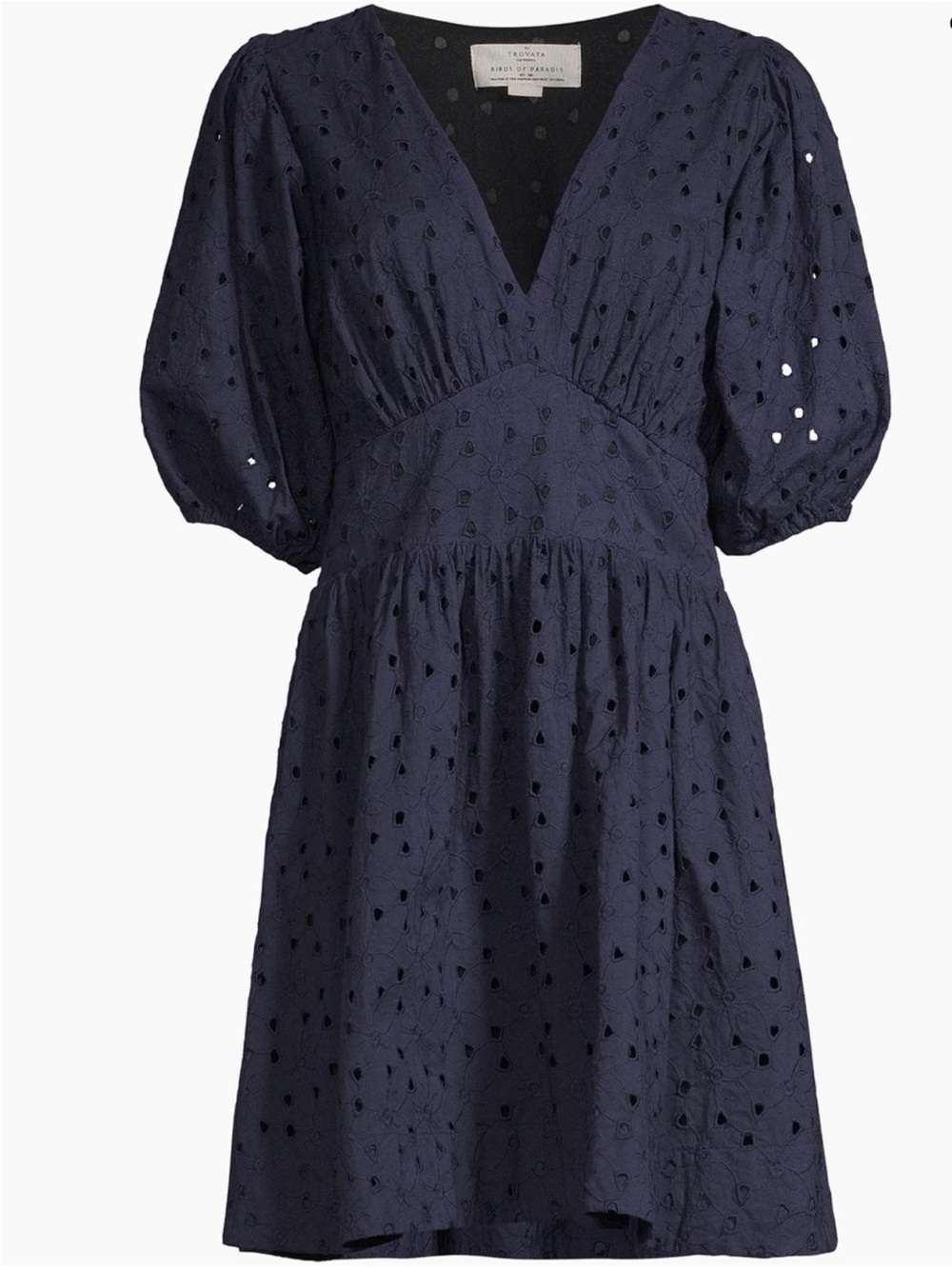 NWT TROVATA Birds of Paradis Gia Puff Sleeve Floral Mini Dress Navy Blue Eyelet